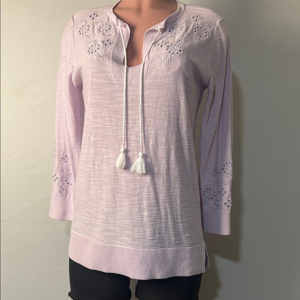 Loft Tasseled Tie Neck Top T-Shirt 100%Cotton Embroidered Long Sleeve Sz S - Picture 2 of 14